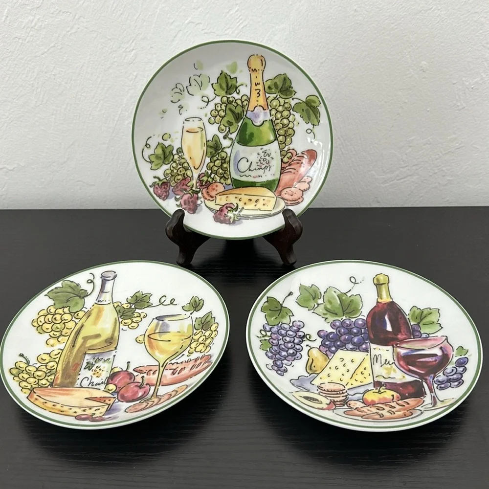 3 Porcelain Vintage Appetizer Wine Plates
